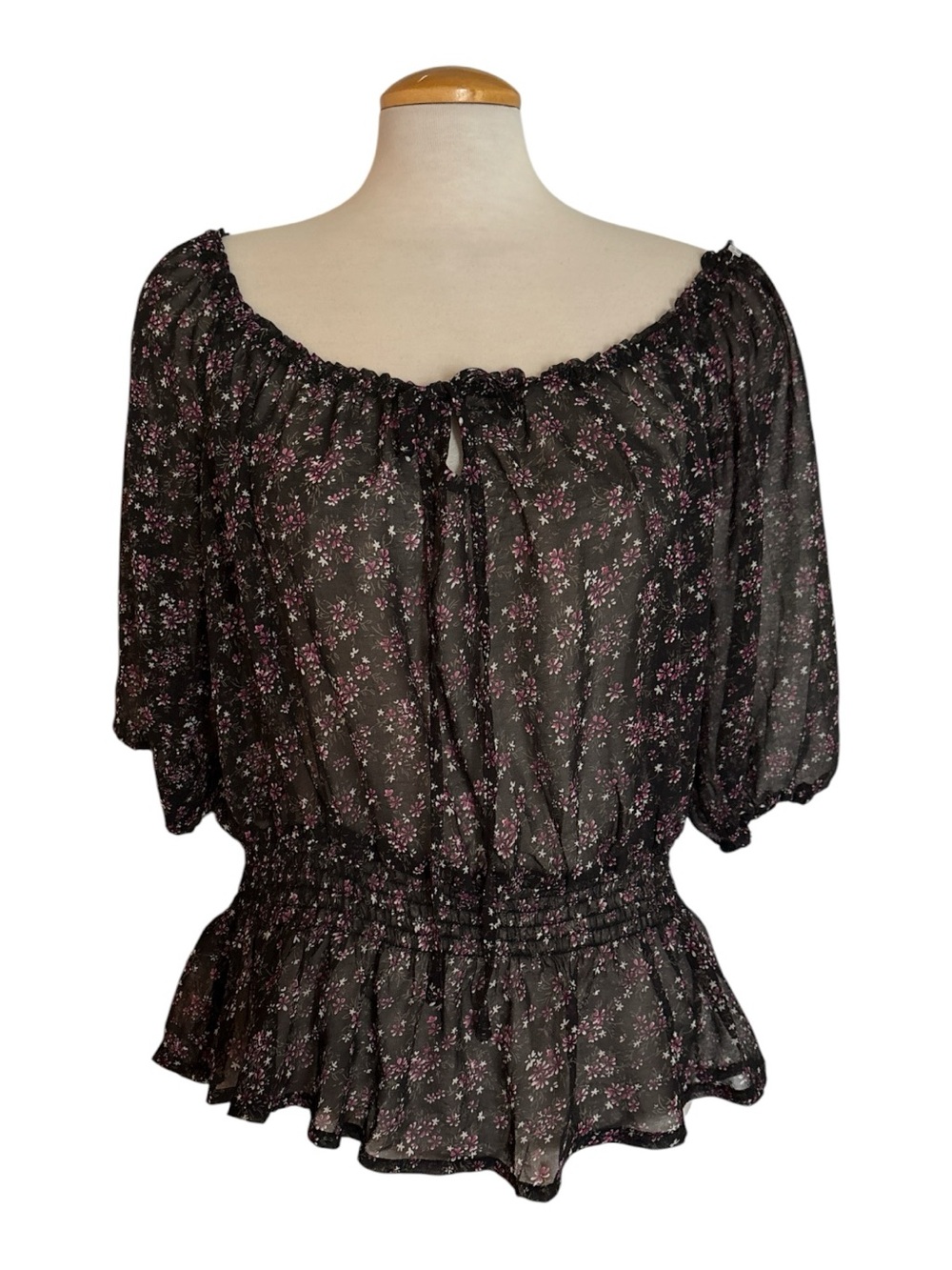 Urban Behavior Peace & Love Black Sheer Pink Floral Blouse Top